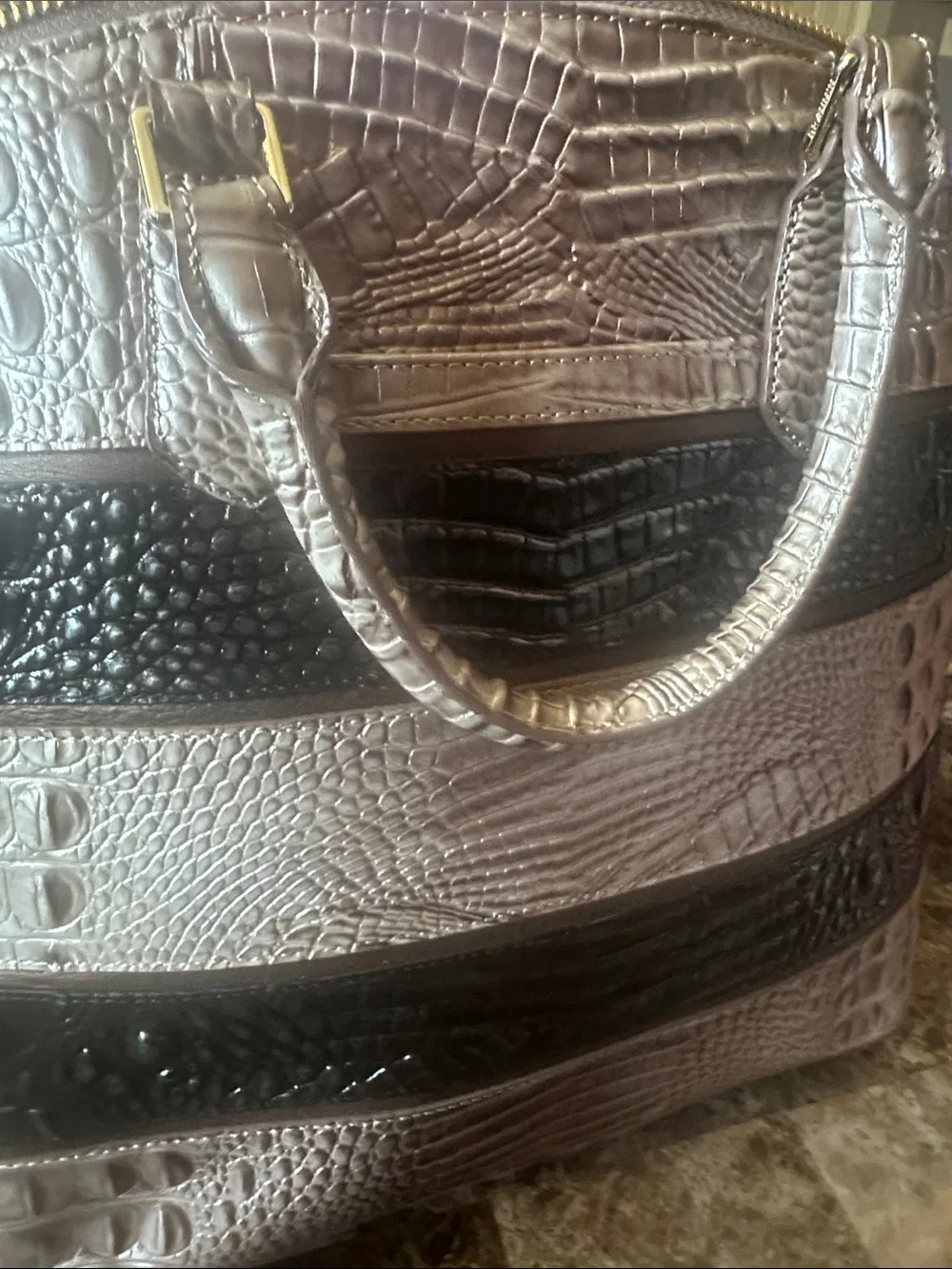 Brahmin Striped Croc-Embossed Tote Bag in Black and Taupe